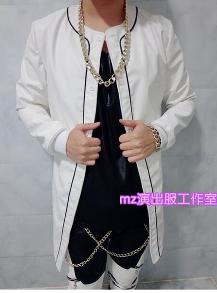 

male singer han edition fashion club in europe and the runway looks white long leather trench coat costumes coat. s - 6 xl, Black;red