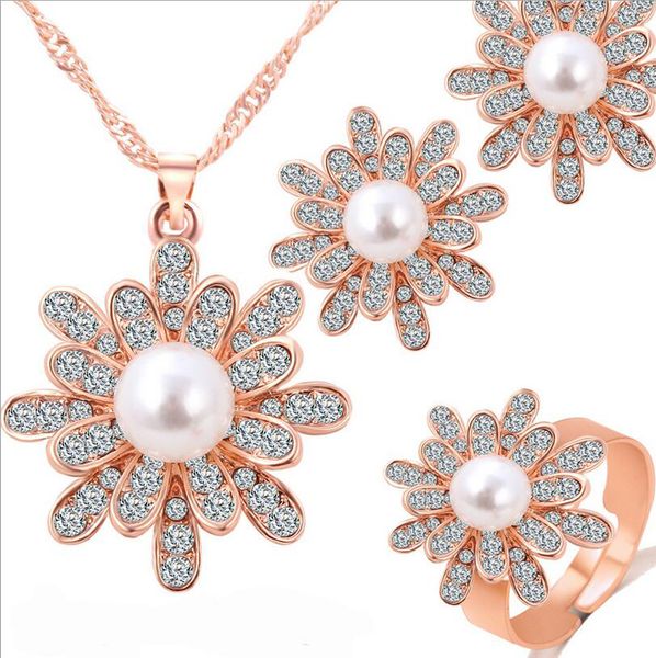 

flower pearl jewelry sets necklace earrings sets fashion crystal jewelry for women gift 18k gold plated fine jewelry 41h41, Slivery;golden