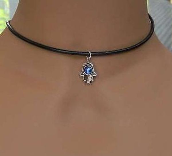 Heißer Verkauf! 10 teile/los Tibet Silber Hamsa Hand Mit Evil Eye Anhänger Schwarz Leder Halskette Großhandel