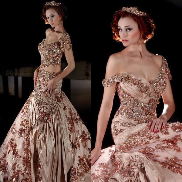 

fantastic off shoulder prom dresses 2016 new arrival bling beads crystals rhinestone lace appliques embroidery pleats evening gowns, Black