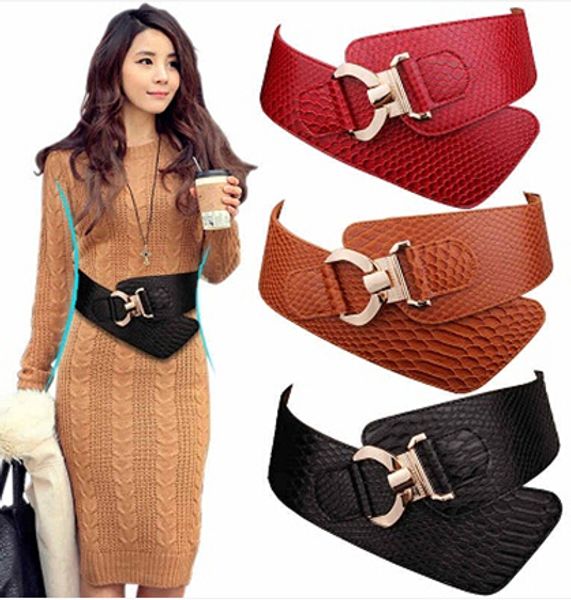 

wholesale-women belt cummerbunds fashion design elastic bow waist belt buckle cowhide leather wide belts female strap waistband for dress, Black;brown