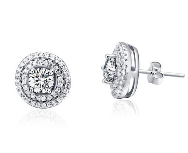 925 Sterling Silver Stud Brincos Moda Jóias Duplo Círculo Cheio de Cristal De Zircônia Brinco Estilo Elegante para As Mulheres Meninas