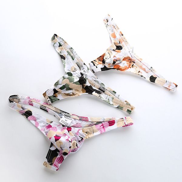 

men's erotic pouch bikini thong g-strings comfy cotton men underwear gay boy colorful floral print underpants thong male undershorts, Black;brown