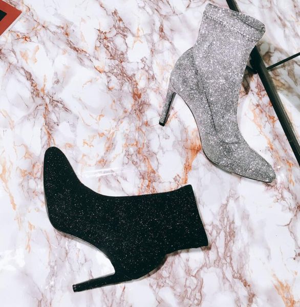 

2017 glitter women ankle boots high heel point toe sequin booties thin heel booties dress shoes party shoes sock booties, Black