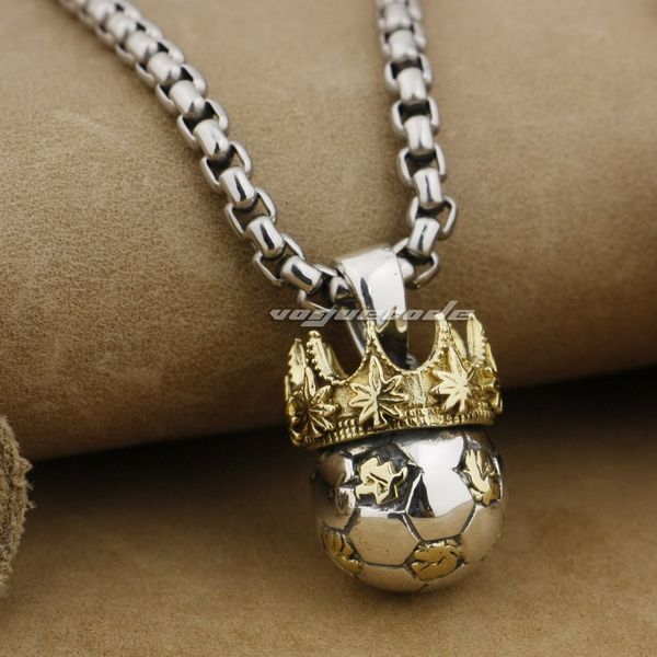 

925 sterling silver football & brass crown mens biker rocker pendant 9h023(necklace 24inch)