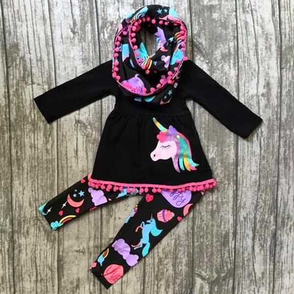 

fall boutique kids clothing baby girl clothes set girls tassel dresses long sleeve unicorn rainbow pants leggings 2pcs children outfits, White