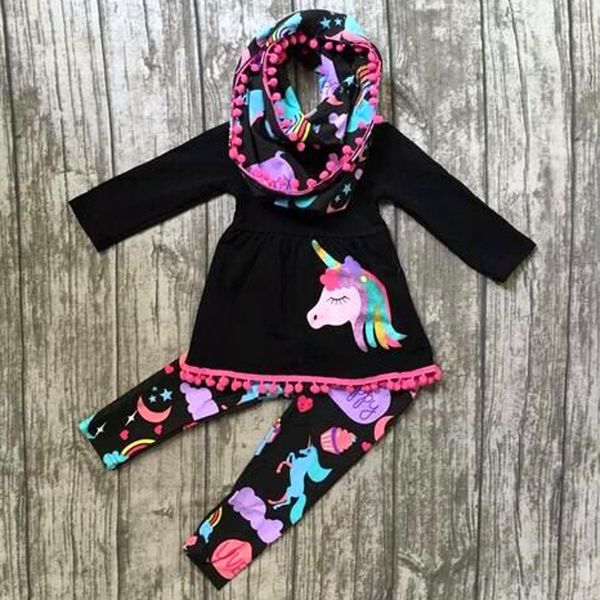 Boutique autunnale Abbigliamento per bambini Set di vestiti per neonate Abiti da nappa per ragazze Top a maniche lunghe con unicorno Pantaloni arcobaleno Leggings 2 pezzi Abiti per bambini