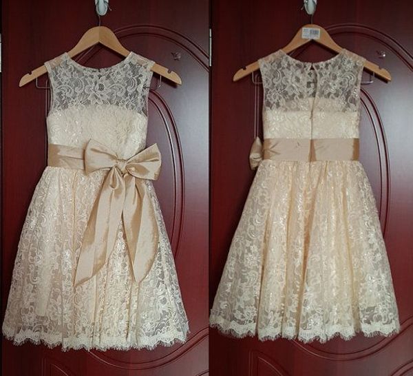 

2015 short champagne lace bridesmaid dresses knee length sheer jewel neckline sash bowknot keyhole back wedding party prom gowns, White;pink