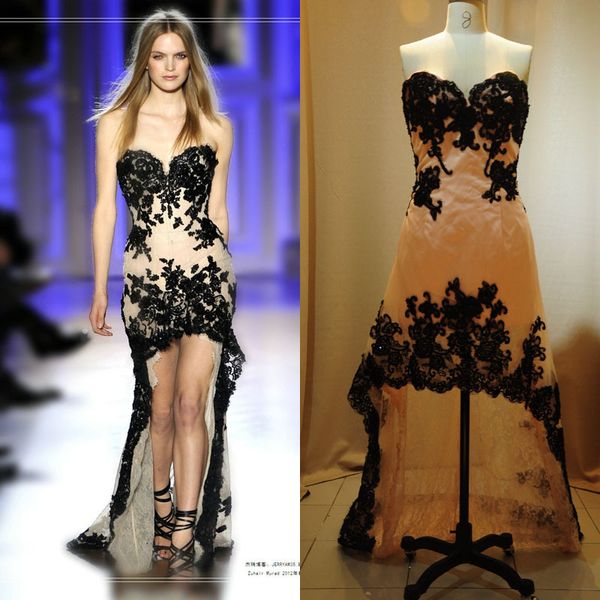 

stylish prom dresses 2016 lace applique vestidos de fiesta hi-lo party evening gown vestido longo custom made robe de soiree longue, Black