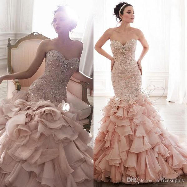 

vestidos de noiva blush pink mermaid wedding dresses 2017 crystal beads sweetheart beaded bodice ruffles bridal gowns custom made, White