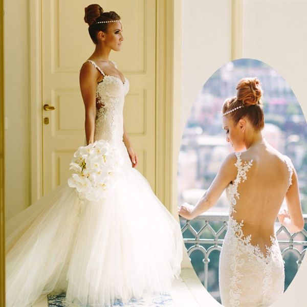 

backless appliques lace tulle mermaid wedding dress sweetheart spaghetti straps long bridal gowns vestidos de novia, White