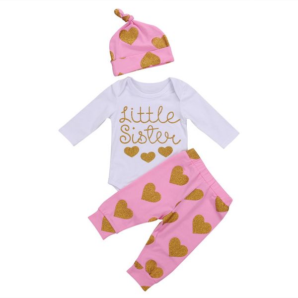 

2017 new kids clothing baby girl clothes set little sister print cotton romper heart pants hat baby girls outfits children clothing 0-24m, White