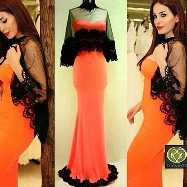 

middle east arabic haifa wehbe celebrity evening dress with black lace bolero orange mermaid prom party gowns vestidos de fiesta, Black;red