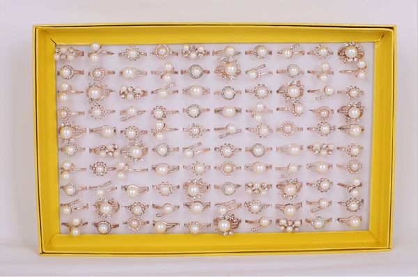 

2015 fashion woman/girl jewelry mosaic pearl crystal rose gold ring mixed style 50pcs/lot, Silver