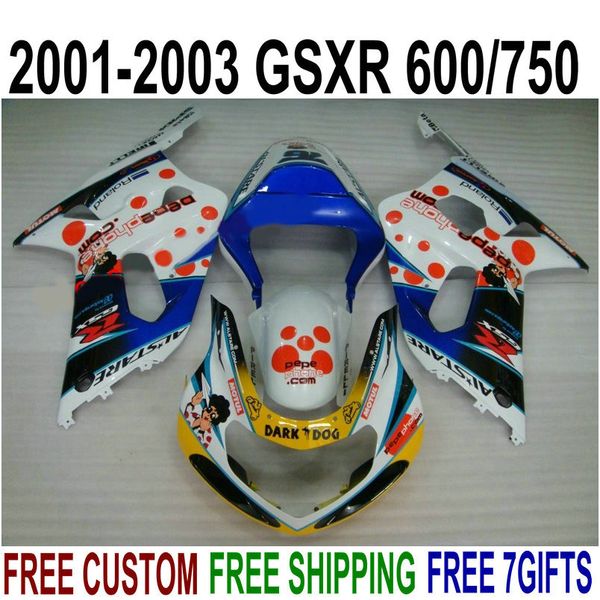 Caixas de corpo em ABS para SUZUKI GSX-R600 GSX-R750 01 02 03 kit de carenagem K1 GSXR 600/750 2001-2003 azul GARK DOG carenagens SK54