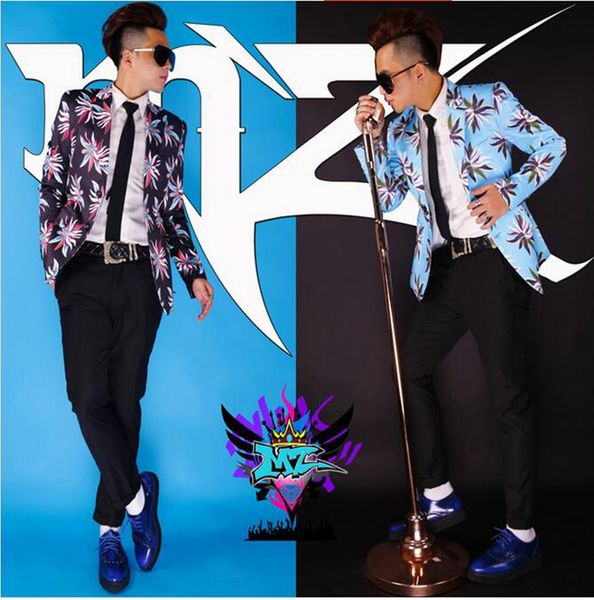 

male singer european and american fashion new nightclub black suit stage costumes blue flowers. s - 6 xl, Black;red