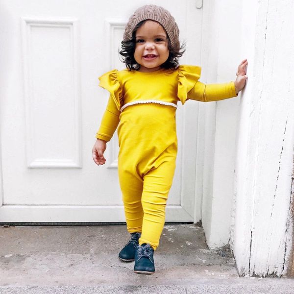 Hot Baby Girl Macacão de Algodão Crianças Roupas Brilhantes Amarelo Voar Manga Longa Romper Infantil Meninas Da Criança Macacão Outfits Meninas Roupas