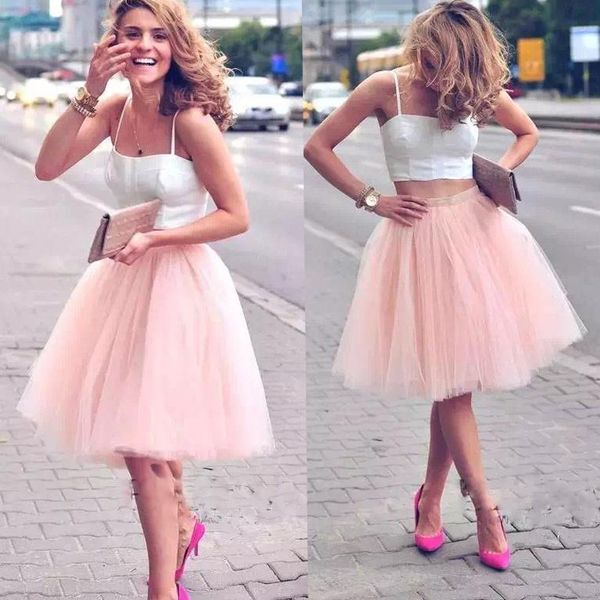 Adorável Busto Saias Curto Joelho Comprimento Partido Tutu Dress Blush Rosa Soft Tulle Tulle Dama de honra informal desgaste informal para casamento