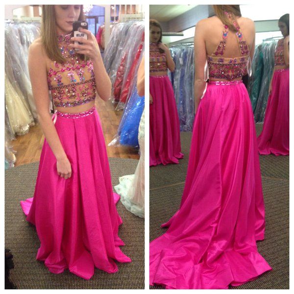 

2016 charming two pieces long prom gowns beaded sequins high neck arabic indian party graduation dresses bright rose red custom made, Black