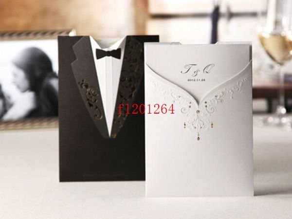100 pçs / lote Frete Grátis Printable Customizable Laser Cut Noivo e Noiva PretoBranco Cartão de Convite de Casamento Noivado