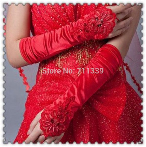 

new long red white ivory wedding glove satin lace flower beaded sequin opera fingerless bridal gloves