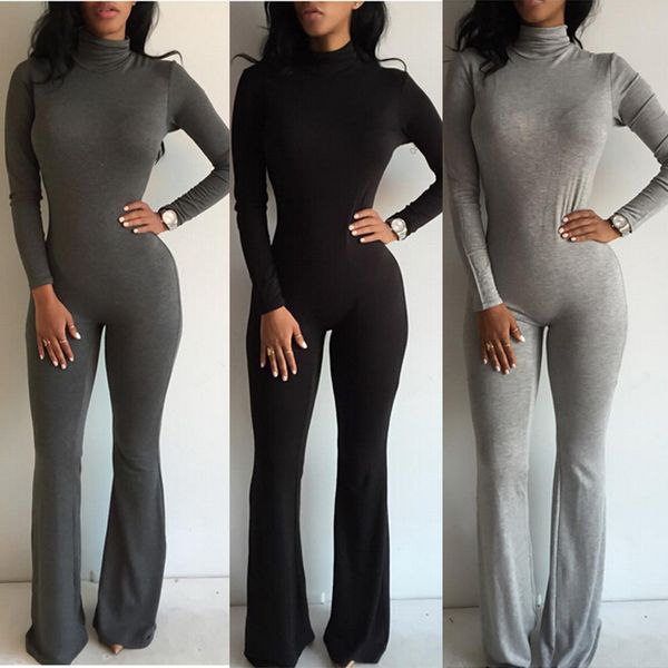 

club jumpsuits 2019 autumn women wide leg club party jumpsuit black gray long sleeve turtleneck bodycon rompers, Black;white