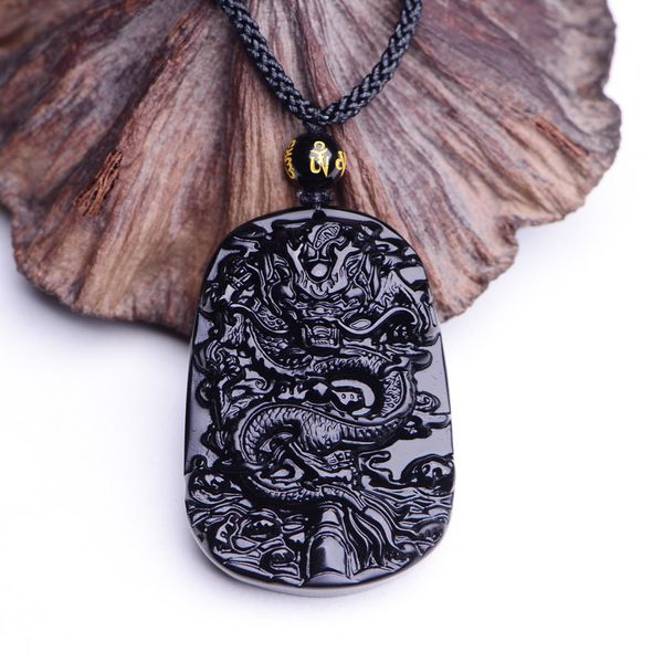 

wholesale- drop shipping unique natural black obsidian carving dragon lucky amulet pendant necklace for women men pendants jade jewelry