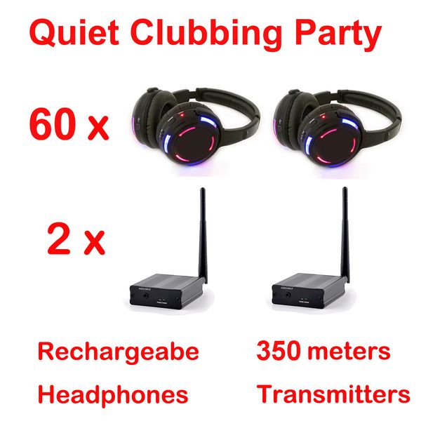 Cuffie professionali Silent Disco LED Cuffie RF per conferenze dj party Incluse 60 cuffie con 2 trasmettitori Controllo della distanza di 500 m