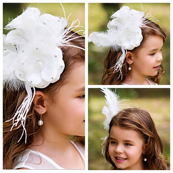Luxurious Feather White Flower Girl Hair Accessories Children Tiaras Formal Kids Party Head Pieces Girls Cute Flower Princess Headwear Girls Ivory