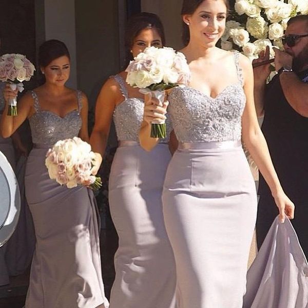 Abiti da damigella d'onore spaghetti a buon mercato cinghie di pizzo in perline sirena di cristallo per matrimonio abiti da ballo da festa lunghi taglie forti 0424