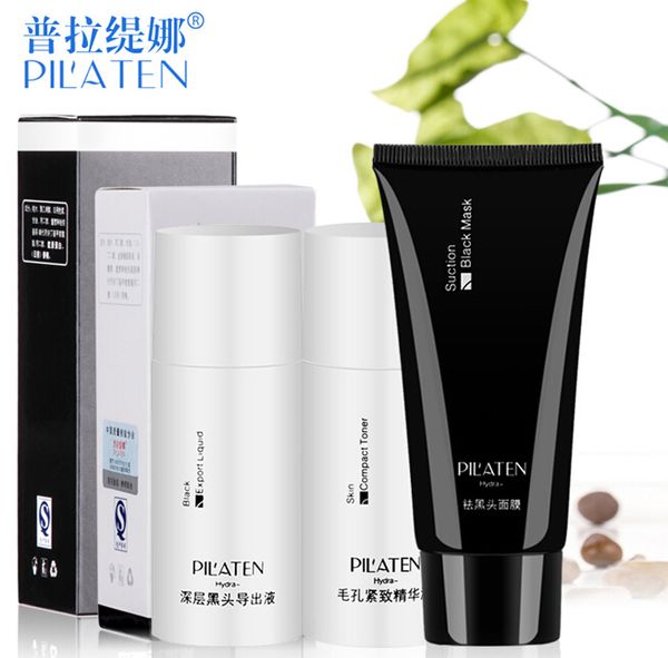 

100sets acne removing pilaten 3pcs set black head export liquid+black mud mask+compact toner anti-acne shrink pore smooth skin