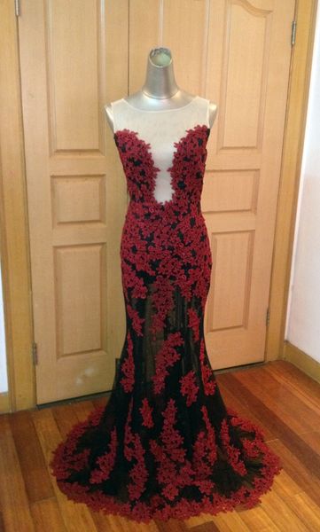 

bateau neck lace tulle mermaid evening dress with appliques 2016 sweep train evening gowns real p, Black;red