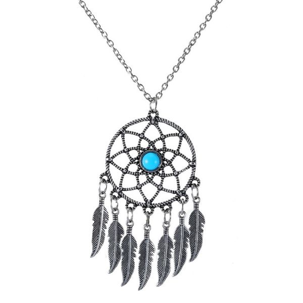 

fashion bohemian vintage ethnic style grid feather dream catcher jewelry leaves turquoise tassel necklace sweater chain necklace, Silver