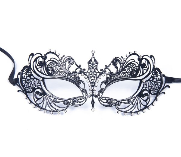 Luxuriöse Damen-Maske, lasergeschnitten, dünnes Metall, venezianische hübsche Schönheit, Maskerade, Bauta-Maske, Prinzessin, Abschlussball, Party, Schwarz mit klarem Kristall, geringes Gewicht