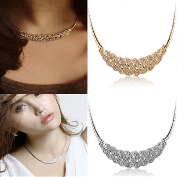 

wholesale-restoring ancient ways pendant snake chain jewelry crystal choker chunky twist imitation diamond charm statement bib necklace, Golden;silver