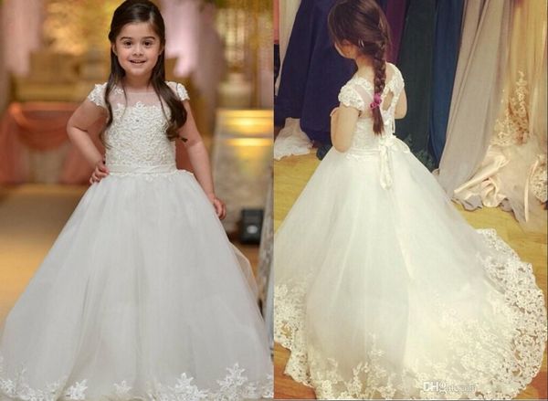 

flower girl dresses for weddings with capped sheer neck appliques lace cupcake pageant dress for girls long beads girls wedding party gowns, White;blue