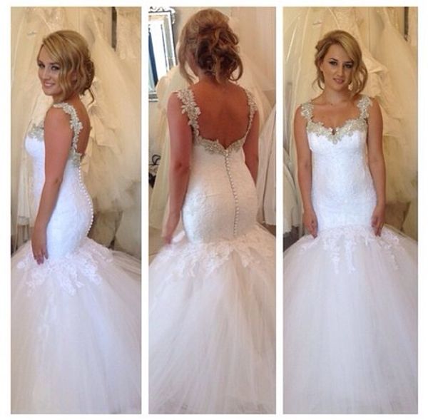 

exquisite design lace applique sweetheart mermaid wedding dresses with straps backless button back fashion bridal gowns plus size cheap, White