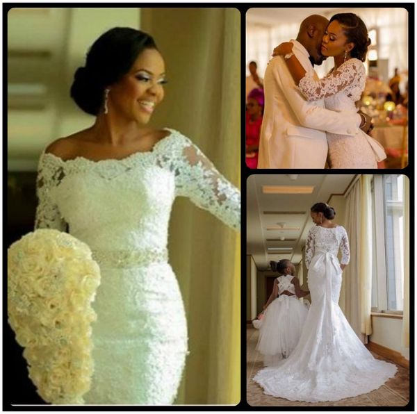 

2019 new fashion nigerian 3/4 long sleeve applique lace mermaid wedding dresses with crystals off the shoulder bridal dress, White
