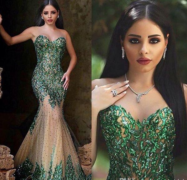 

2021 dark emerald green sequined mermaid evening dresses sweetheart zipper back beaded champagne chapel train arabic prom gowns, Black
