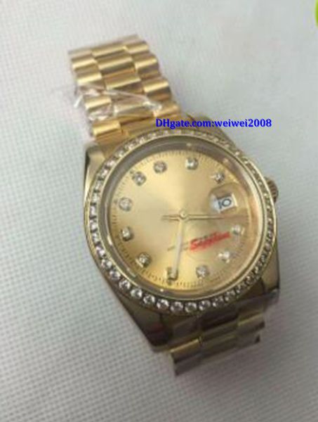 

luxury new christmas gift mens watch diamond bezel gold dial automatic mechanical sapphire glass stainless steel watches 40mm, Slivery;brown