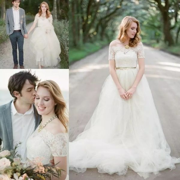 

vintage bhldn a line boho wedding dresses with belt off shoulder short sleeves lace appliques custom made garden country beach bridal gowns, White