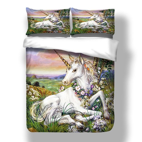 

3d bed set единорог цветочные пододеяльник наволочки королева размер королева размер акварель печати beding set дети девушка цветной сказочн