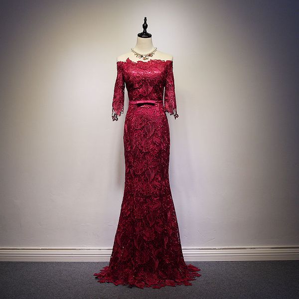 

burgundy lace mermaid evening dress with half sleeves 2016 floor length evening gowns for party lace up, Black;red