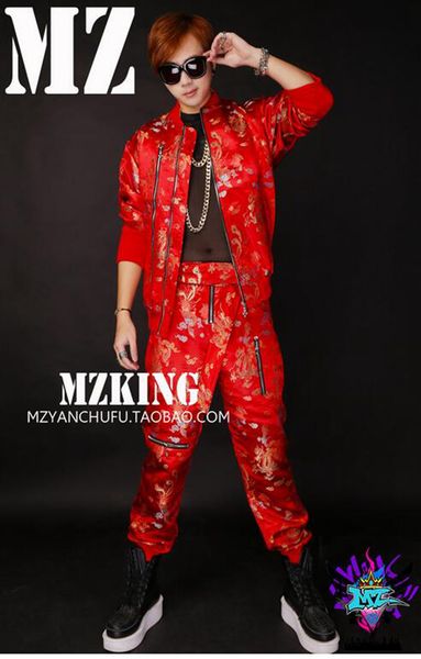

male singers to european and american fashion new nightclub runway looks red dragon robe costumes. s - 6 xl, Black;red