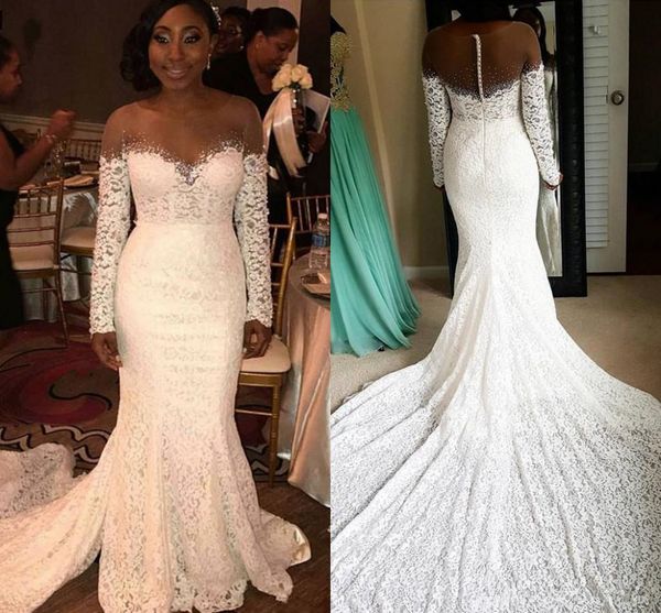 

illusion neck mermaid lace wedding dresses long sleeve beads sheer neck court train luxury bridal gowns custom size, White