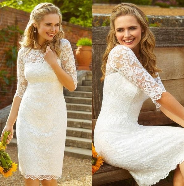 

2018 sheath knee-length lace wedding dress jewel neck 3/4 sleeve garden country vintage short wedding bridal dress bridal gown, White