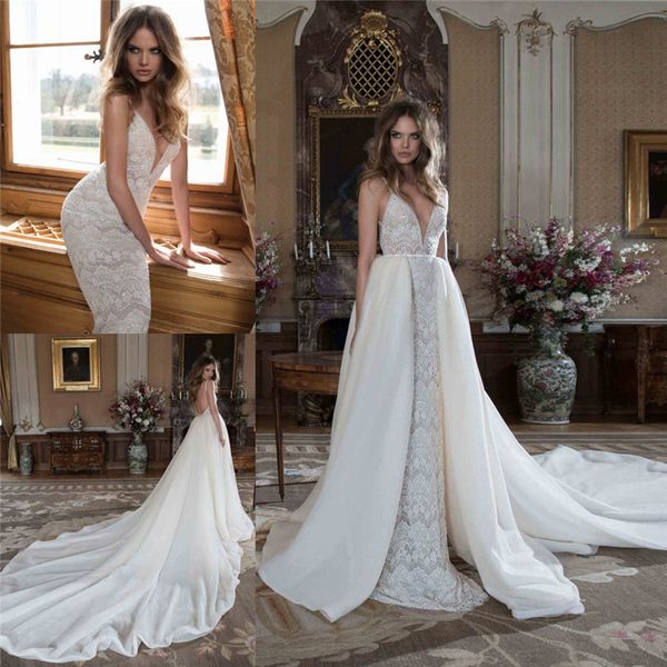 

berta bridal lace wedding dresses with detachable tail deep v neck backless bridal gowns cathedral train sleeveless wedding gown, White