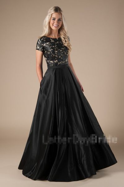 Neue lange schwarze a-line bescheidene Pom-Kleider Ärmel Spitze Satin Elegant Teenager bodenlange formelle Prom Partykleider mit Taschen Mitte gemacht