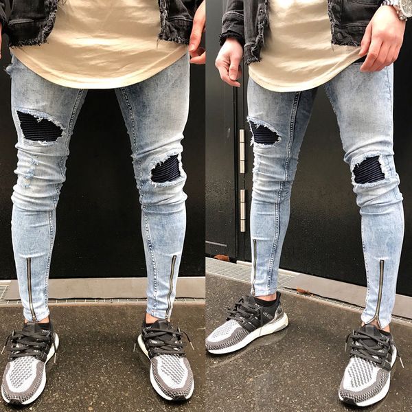 

Vintage Men's Hole Slim Fit Jeans Black Distressed Ripped Skinny Pants Button Zipper Pencil Jeans Lighe Wash