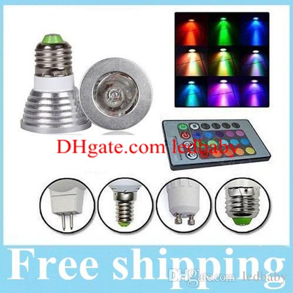 

3w e27 e26 gu10 rgb led bulbs e14 gu5.3 mr16 12v/85-265v led spotlights 16 colors change + ir remote controller